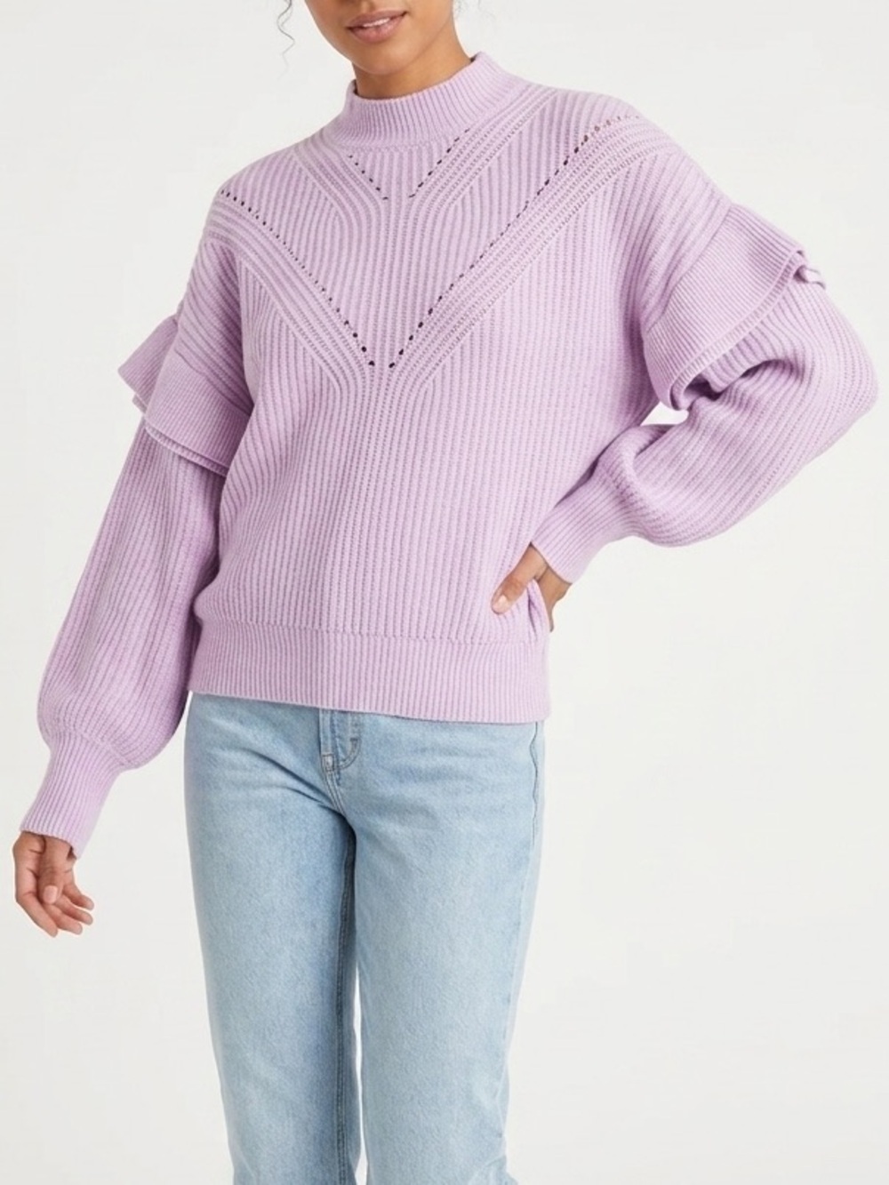 NWT N.O.W. Andrea Rosati Cashmere Wool Blend Sweater Lilac Ruffle Sleeve Sz M